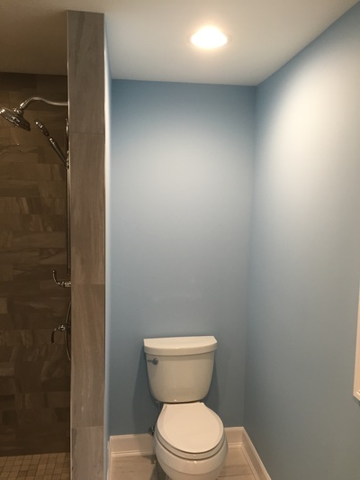 Remodeled bathroom, toilet and shower side.