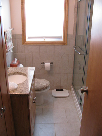 Remodeled bathroom, wide view.